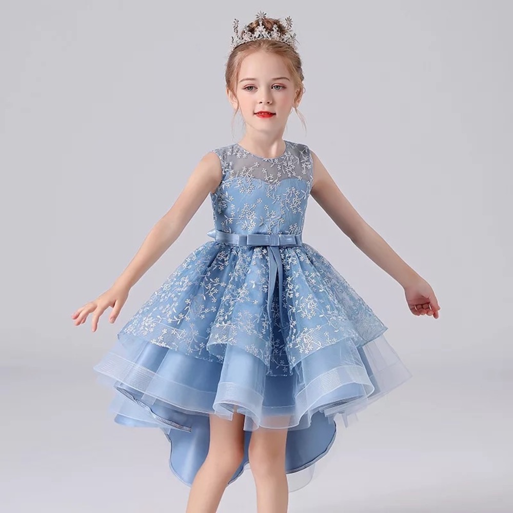 Elegant Blue Floral Kids Formal Dress